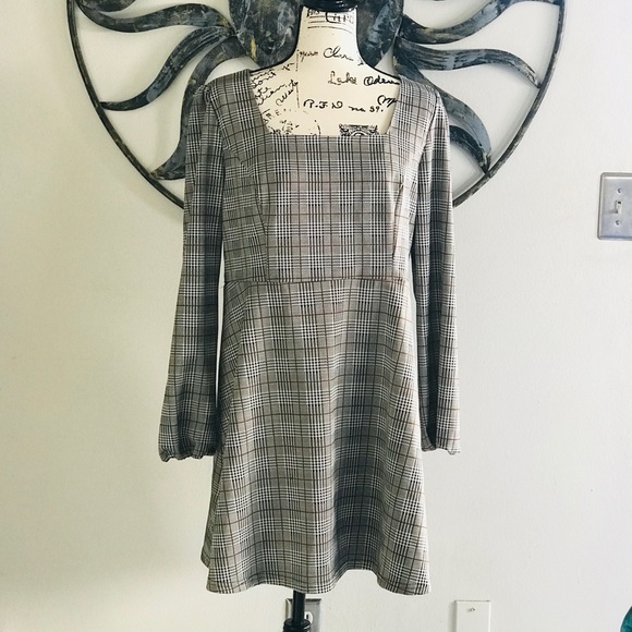 ALLEGRA K HOUNDSTOOTH PLAID SQUARE NECK LONG SLEEVE DRESS - Picture 1 of 3